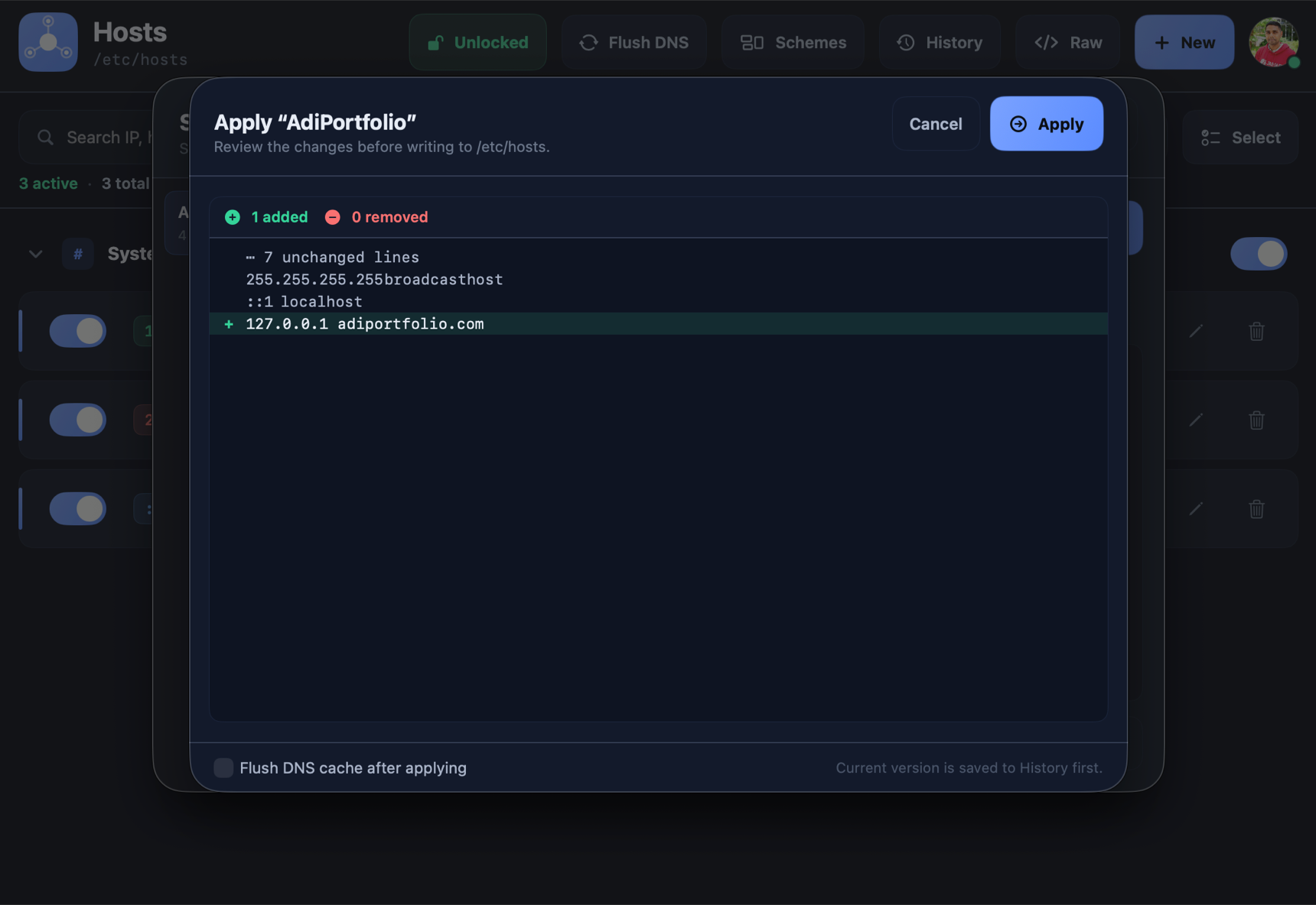 Hosts' Apply sheet showing a line-by-line diff before writing to /etc/hosts — one line added, zero removed, above the unchanged context lines, with a 'Flush DNS cache after applying' option.