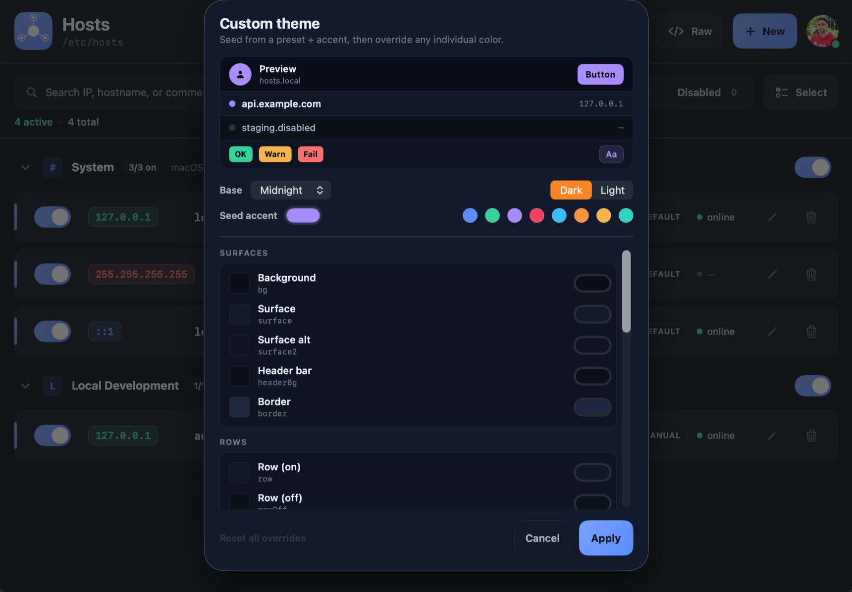 Hosts' custom theme editor: a live preview at the top, a base preset and seed accent, and per-token color overrides for surfaces, rows, text, and accents.
