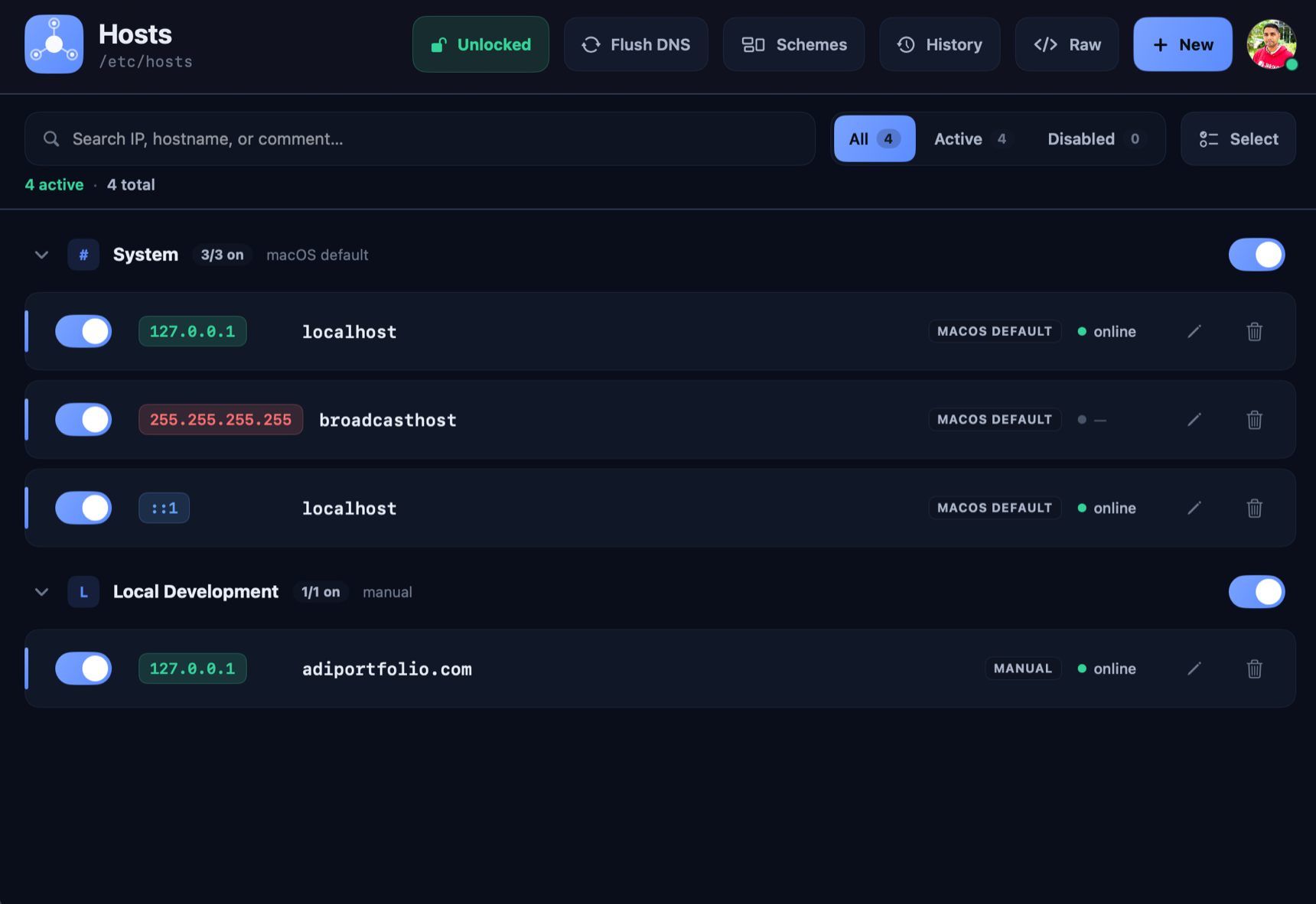 The Hosts app window showing /etc/hosts entries grouped into System and Local Development, each row with an IP, hostname, and an enable toggle.